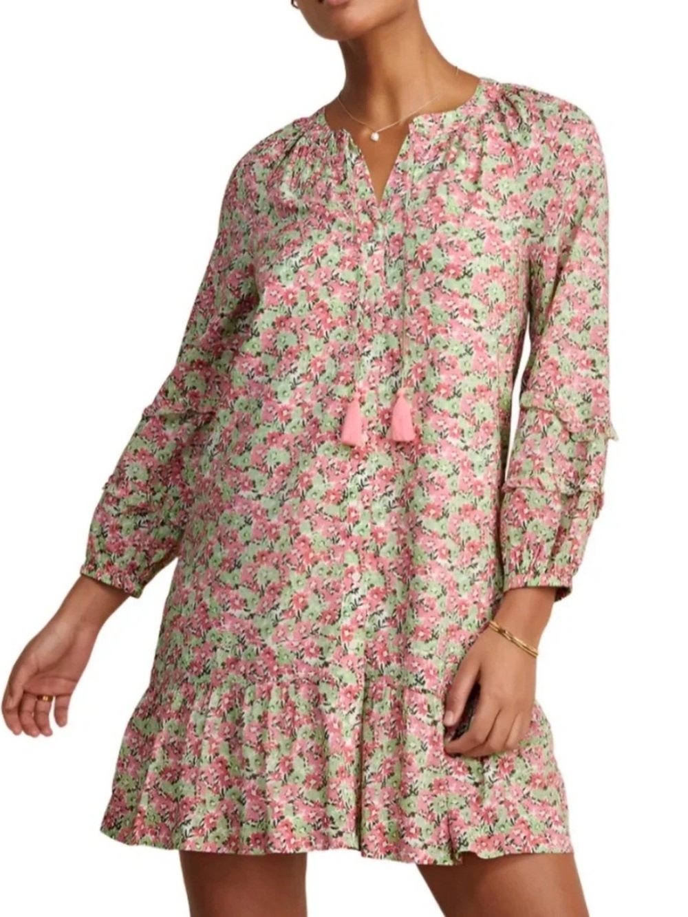 Vineyard Vines Ruffle Tunic Dress, size L, pink green floral